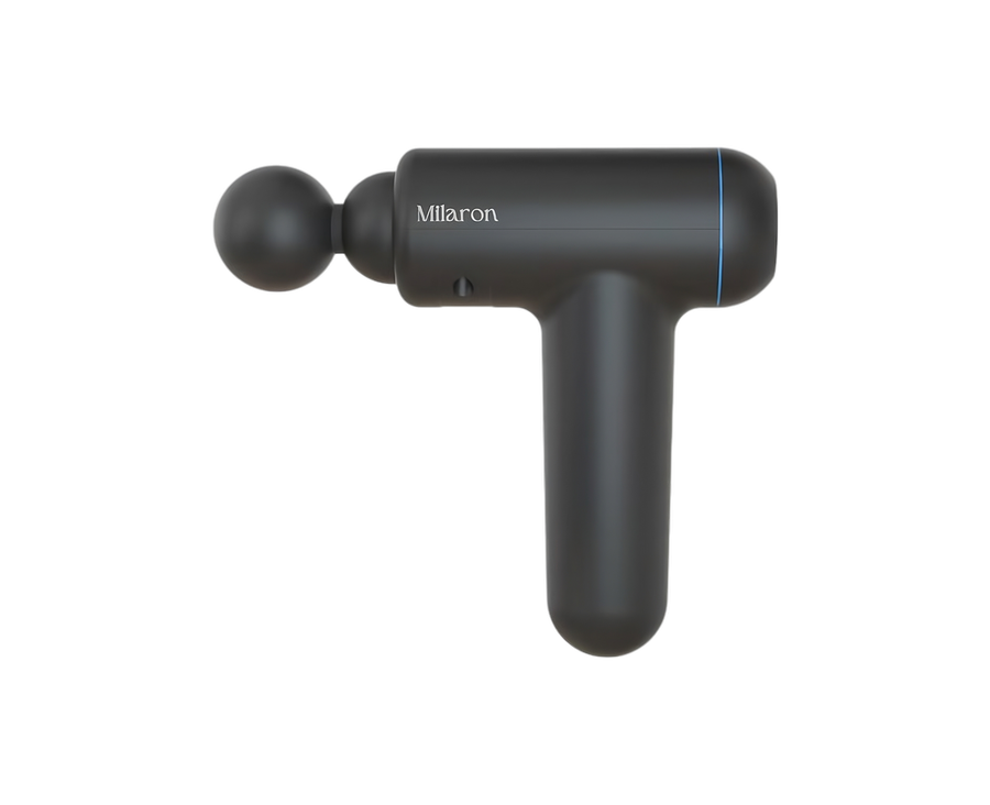 Milaron Recovery Gun percussion massager with a round head attachment.